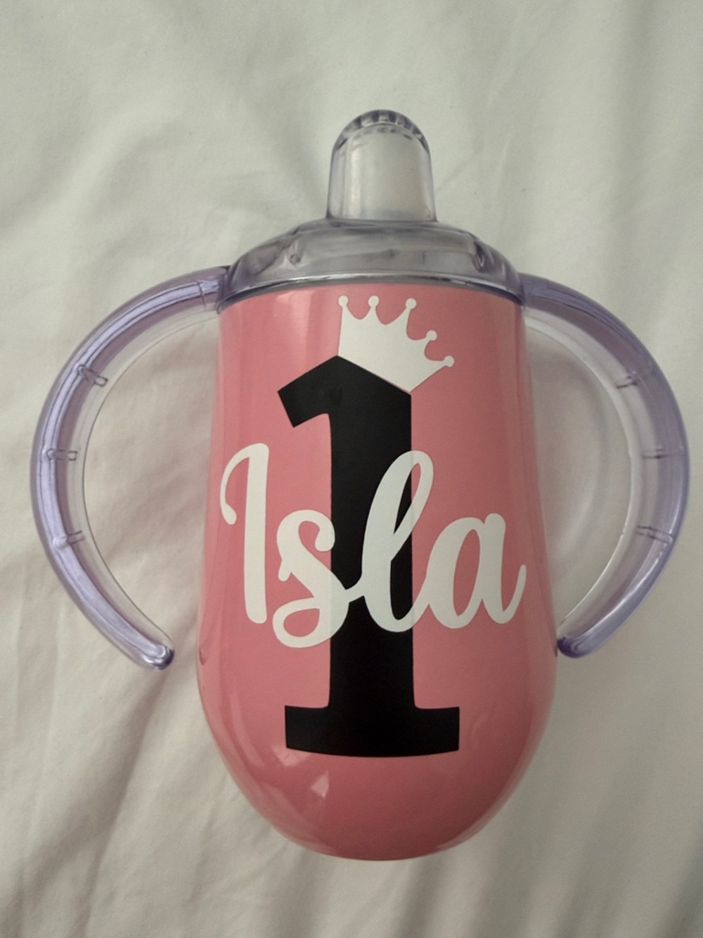 Personalized Pink "Isla" First Birthday Sippy Cup